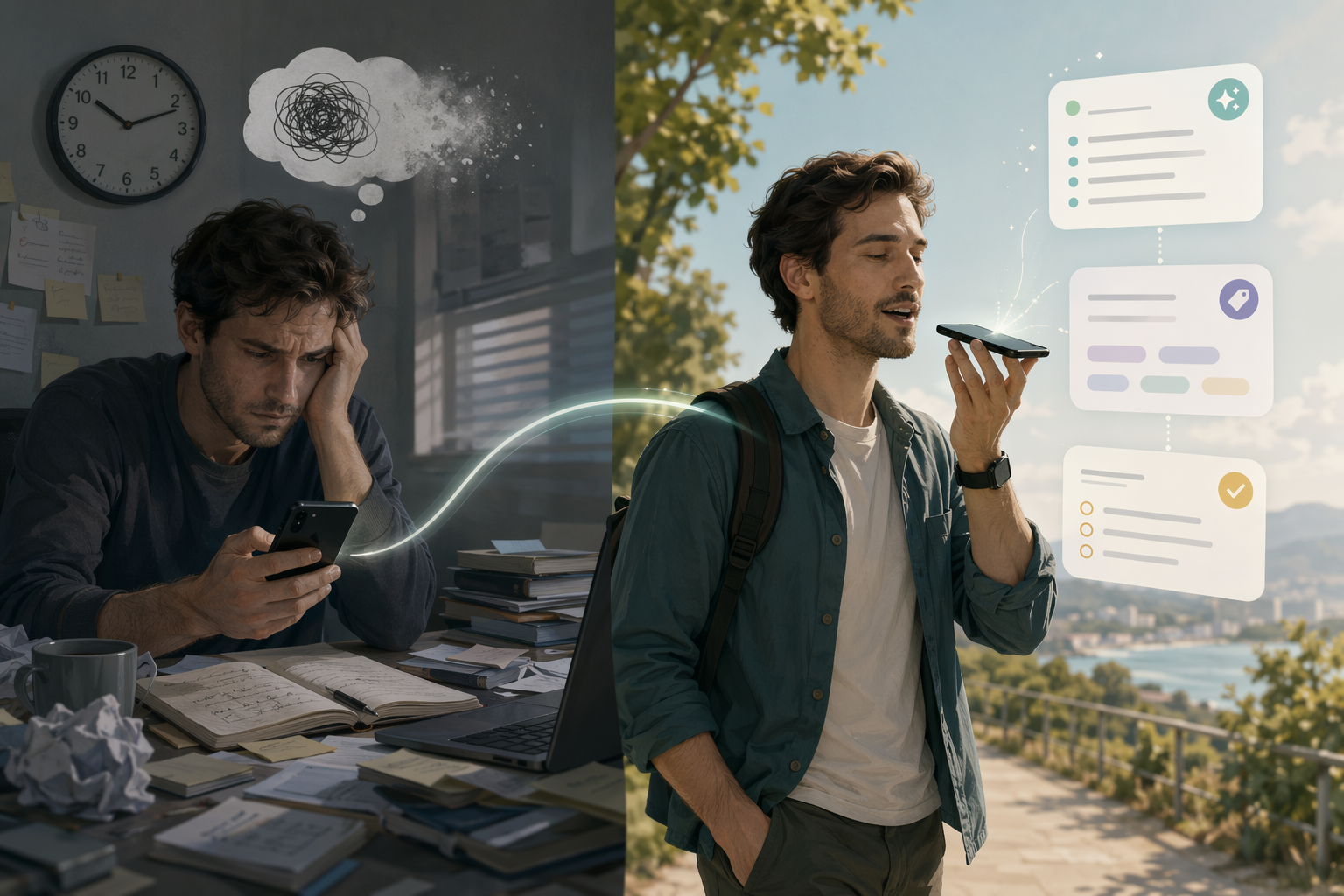 Split-screen illustration comparing a frustrated person typing at a desk with a fading thought bubble versus the same person speaking into a phone while walking outdoors with AI-organized note cards appearing above the phone.