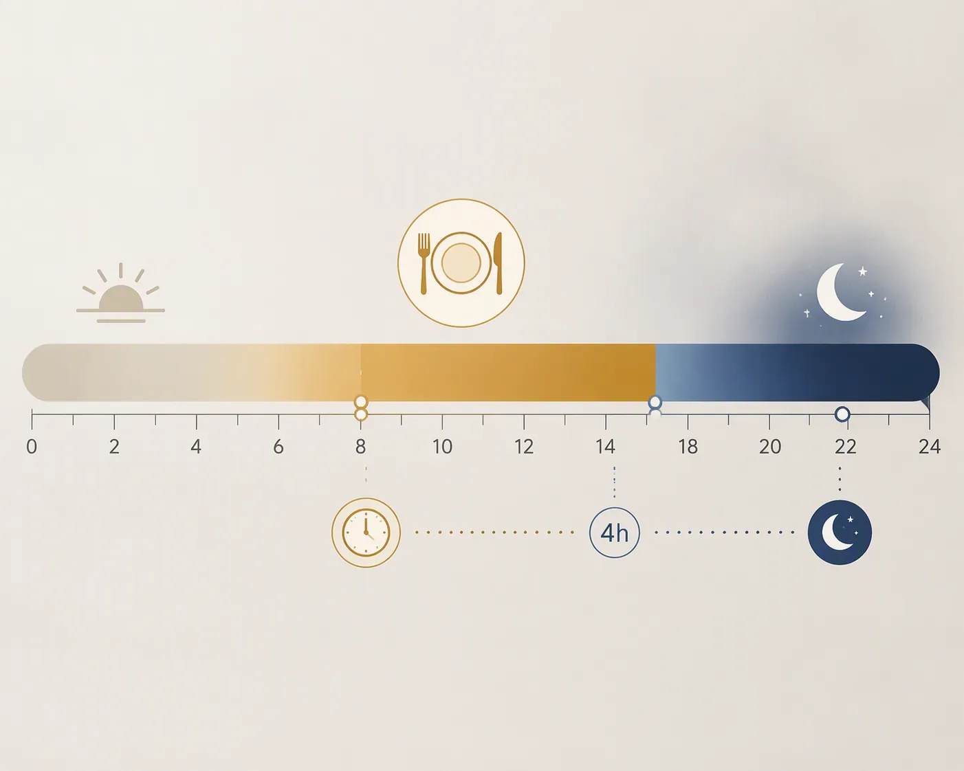 Minimal 24-hour timeline showing a 10am to 6pm eating window and a fasting period before a 10pm moon icon