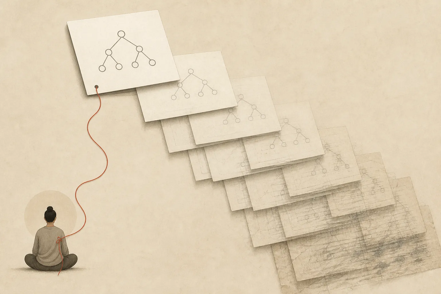 A red thread tracing a meditation practice through progressively blurred and misaligned copies of a document