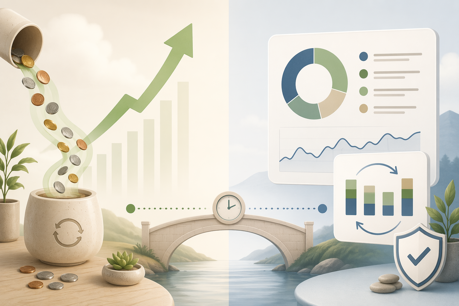 Spare-change investing automation and portfolio rebalancing automation connected by a time-saving bridge