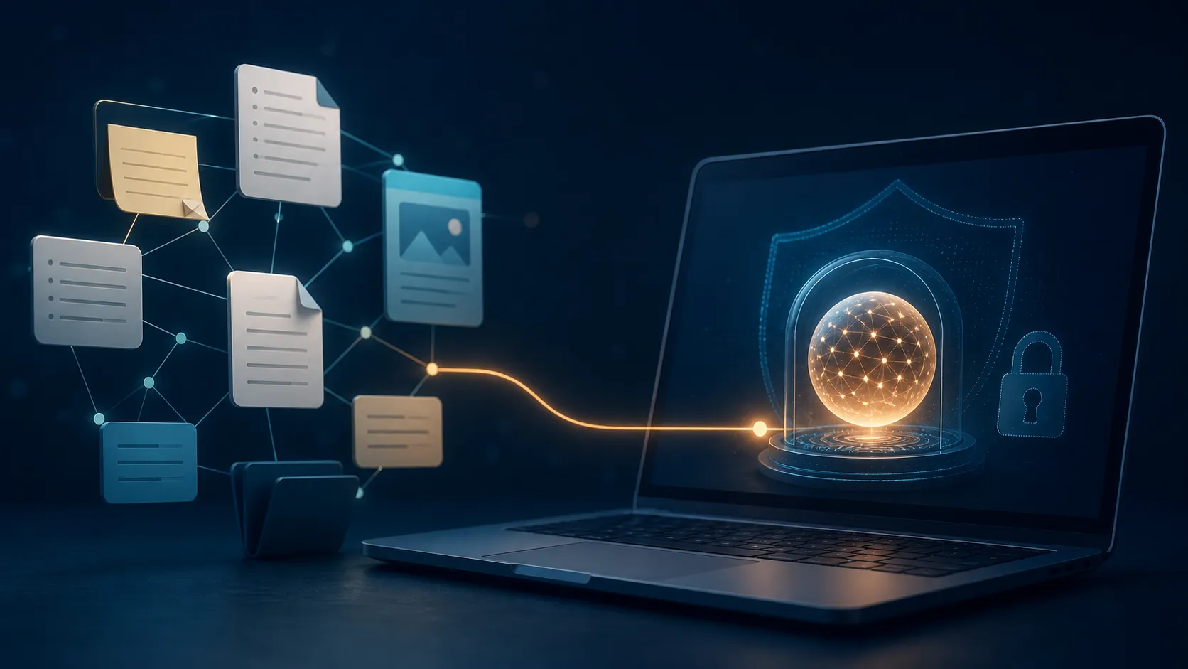 Private offline AI layer connecting note cards to a local model inside a laptop
