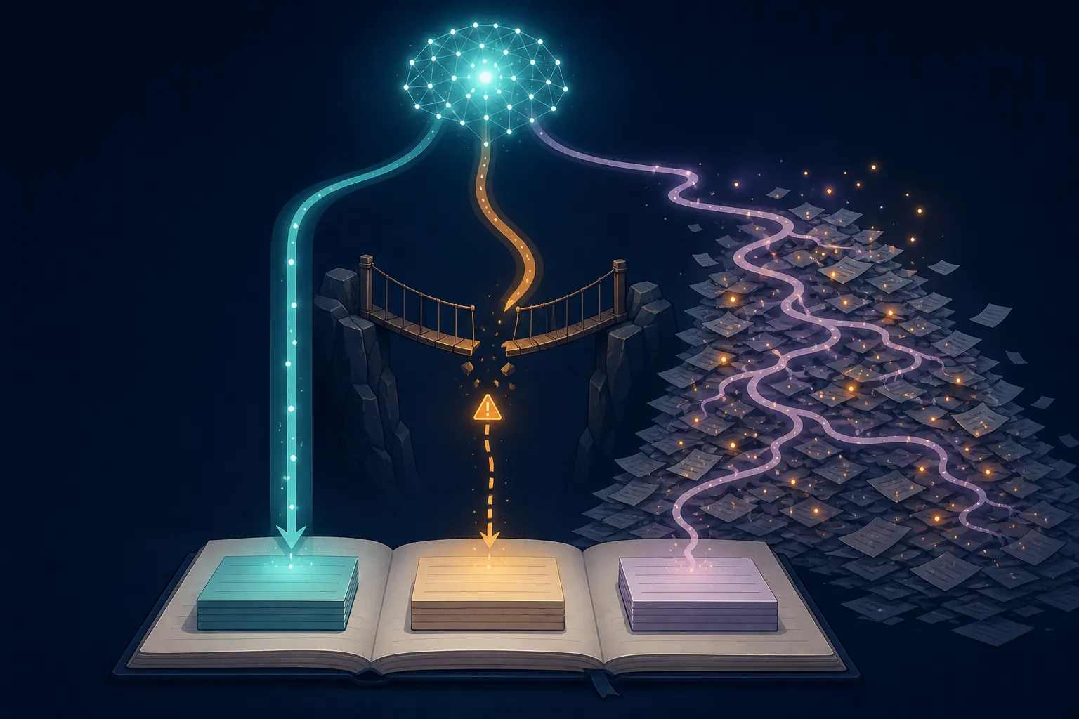 Three different routes connecting an AI node to an Obsidian-style note vault