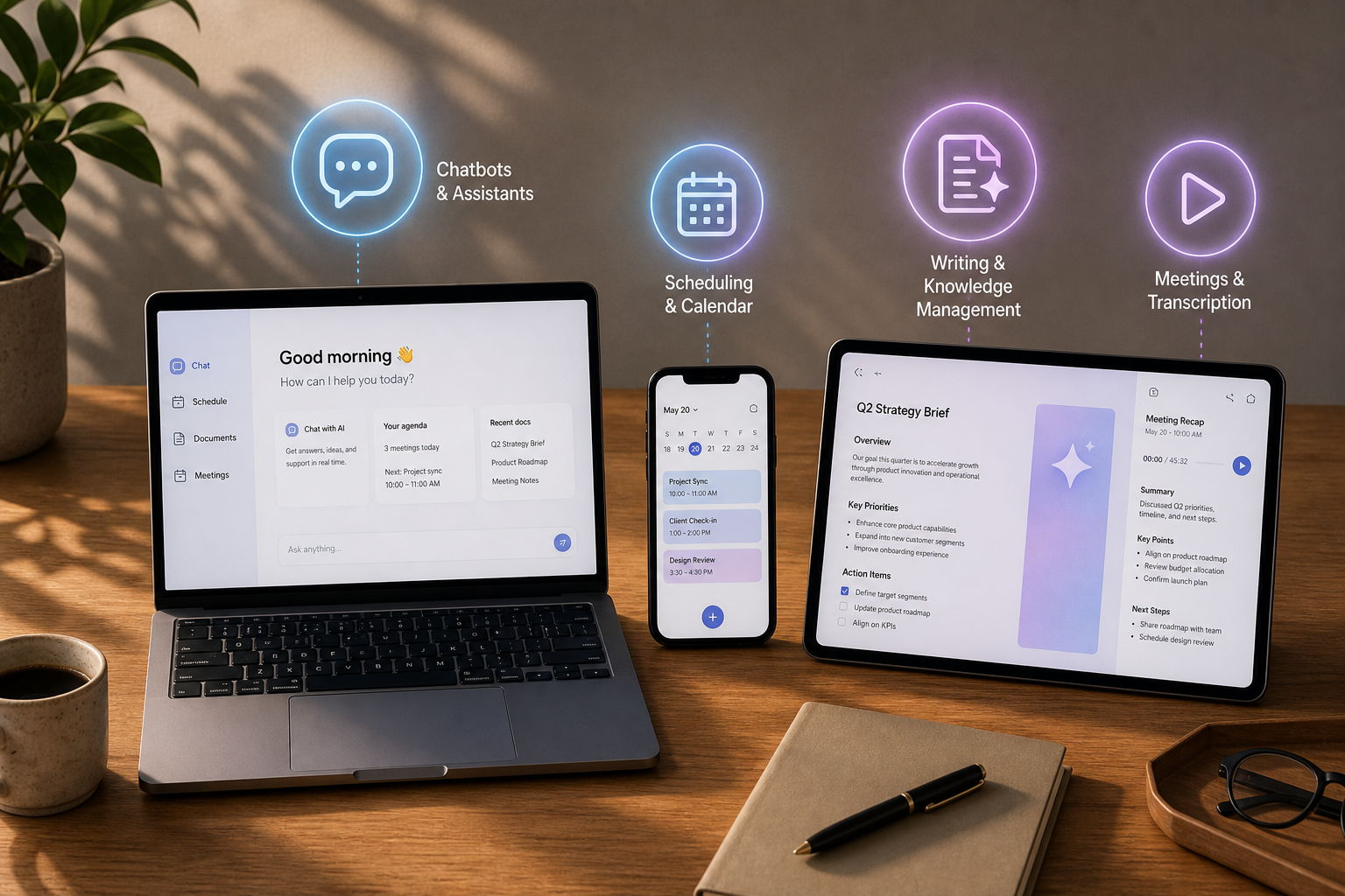 A flat-lay desk with a laptop, smartphone, and tablet arranged on wood surface, with glowing blue-to-purple holographic icons hovering above each device — a chat bubble, calendar, document with sparkle, and play button — representing connected AI productivity tool categories.