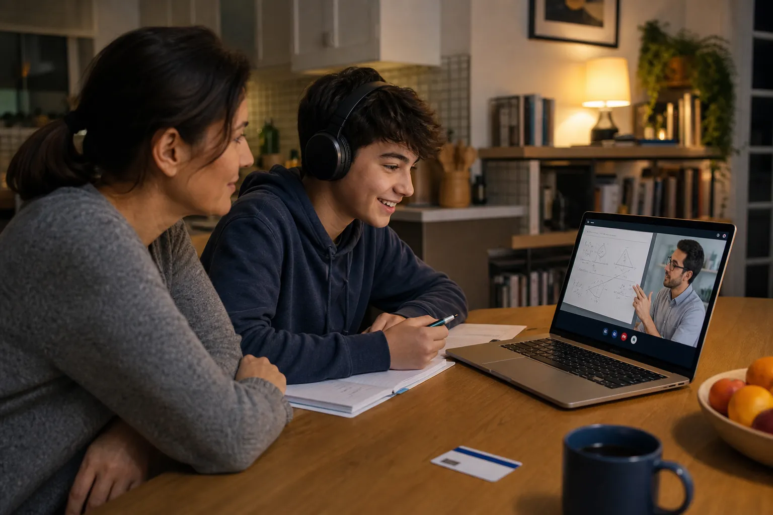 Parent and teenage student using a laptop for an online tutoring session with a shared math worksheet and a library card on the table