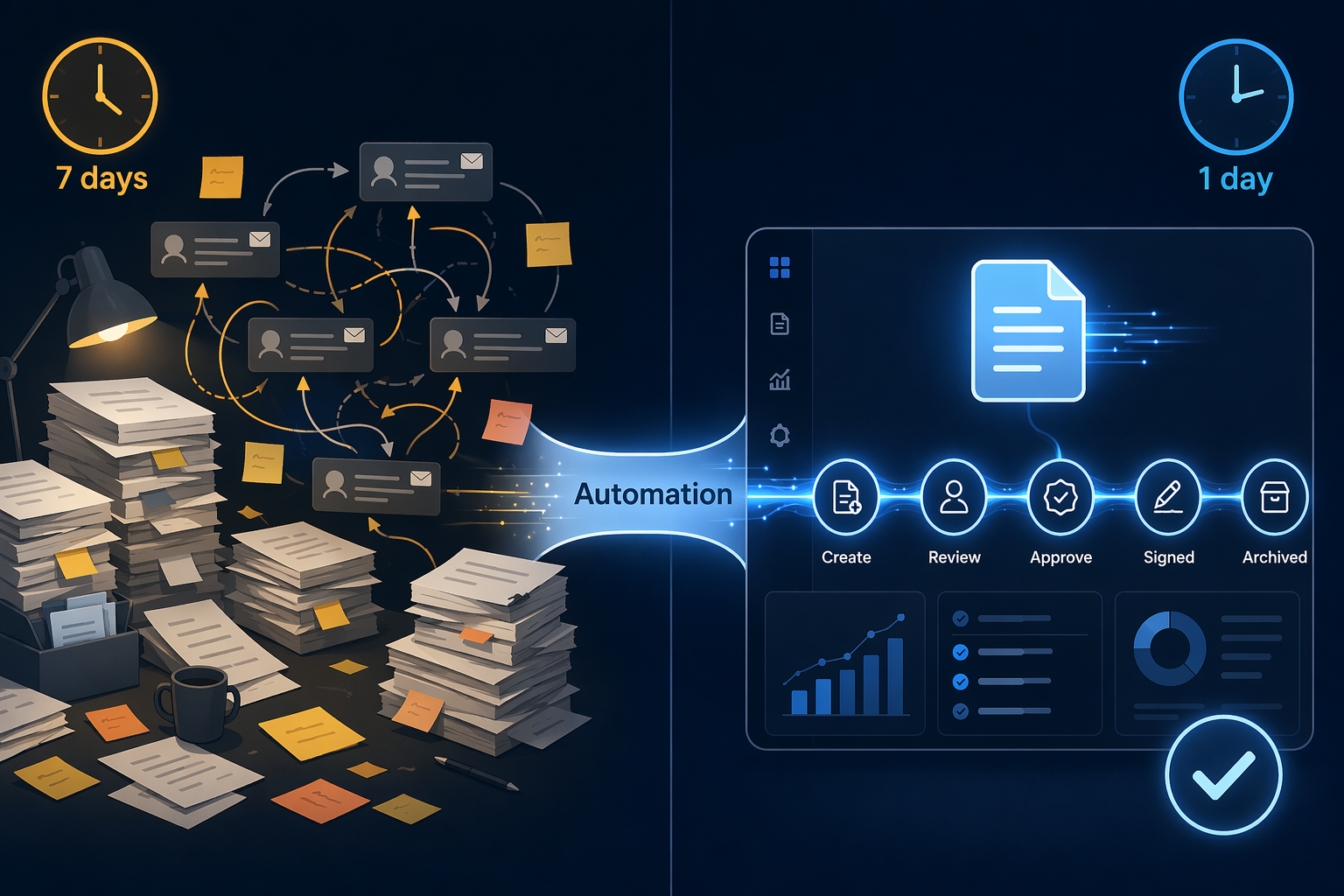 A split-view flat vector illustration comparing a chaotic manual document workflow on the left with a streamlined automated pipeline on the right, connected by a bridge labeled Automation.