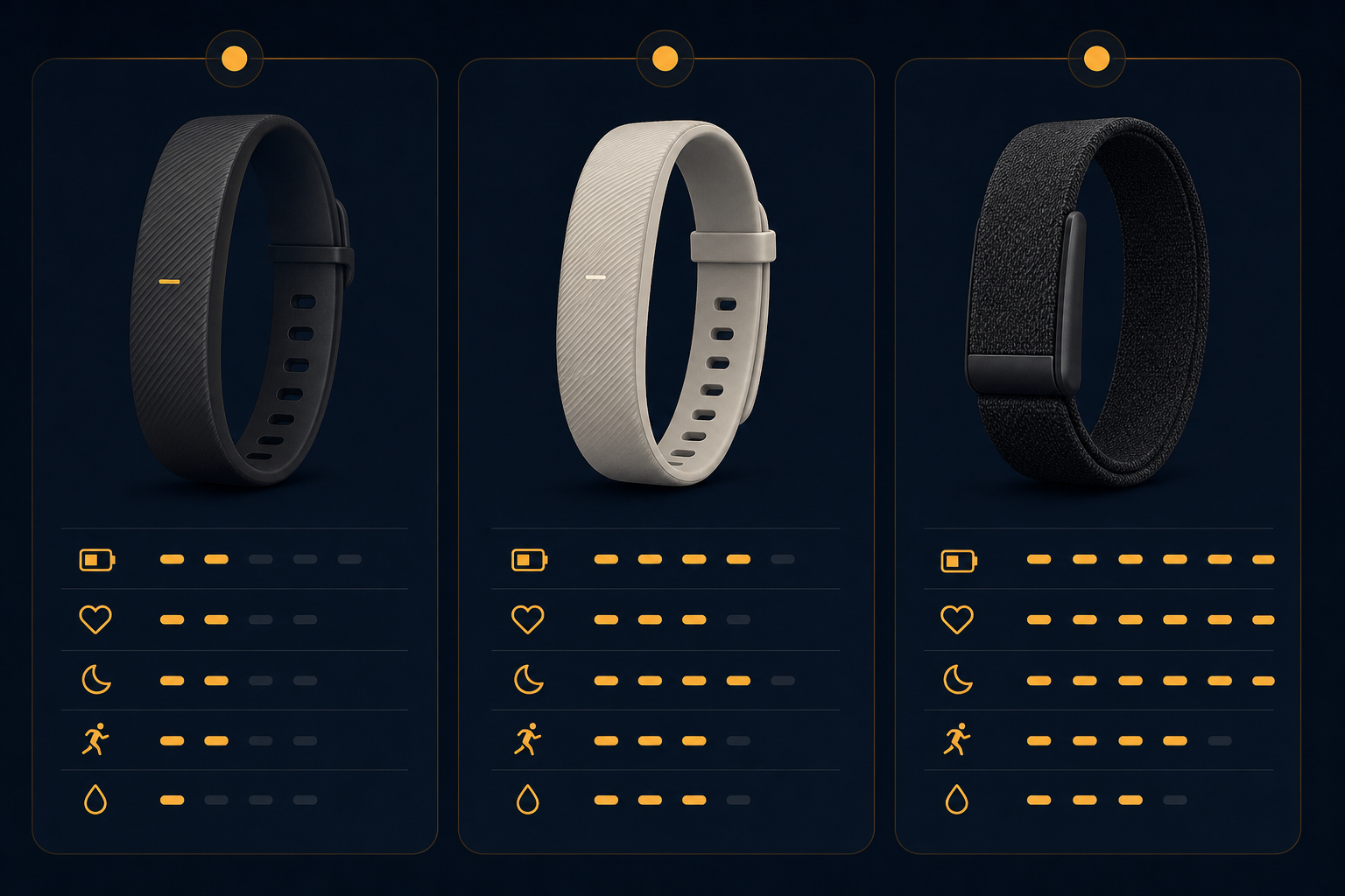 Three-column comparison of Garmin Cirqa, Fitbit Air, and Whoop 5.0 screenless fitness trackers
