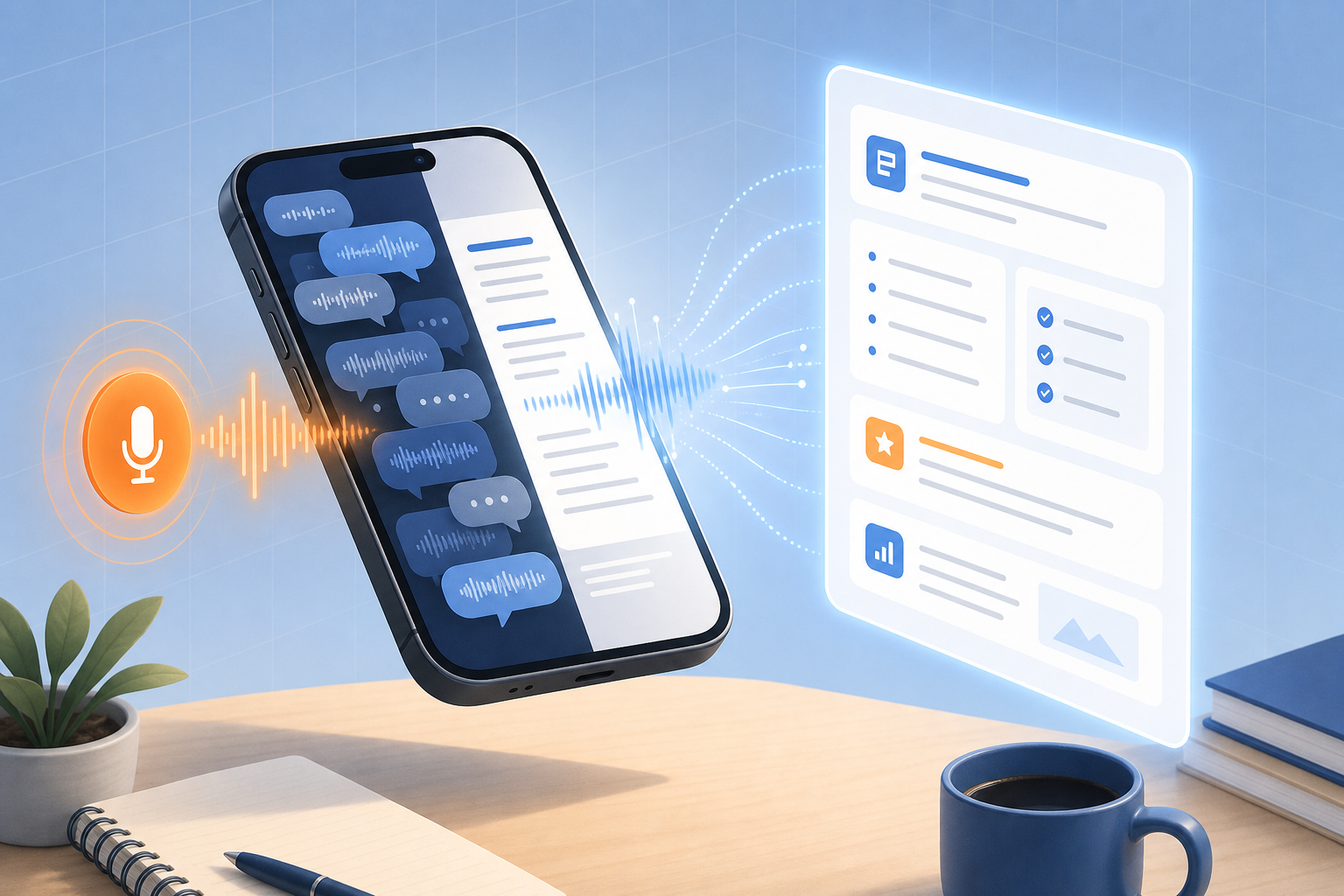 Isometric flat illustration of a smartphone floating above a desk with sound waves radiating toward a glowing note-taking interface.