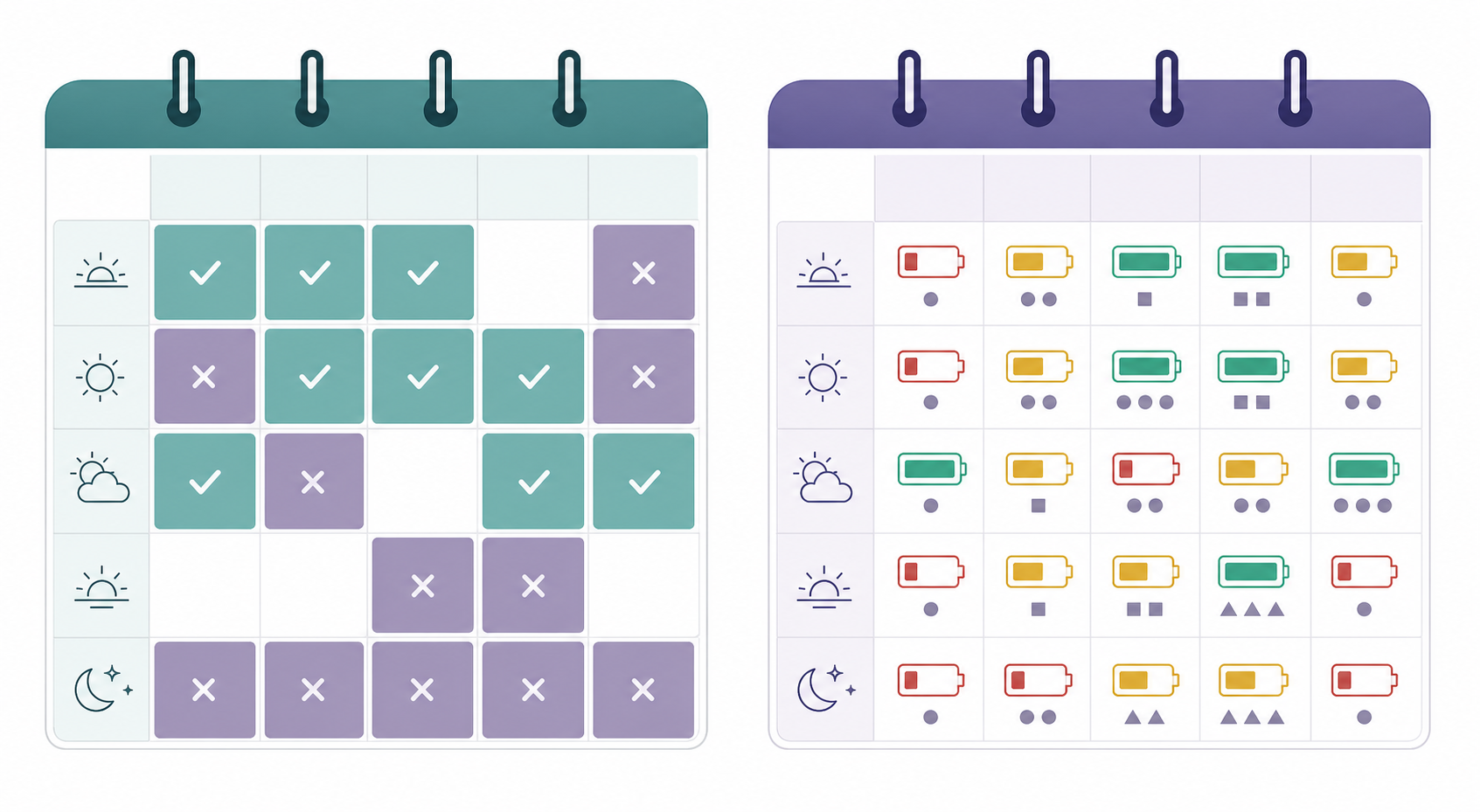 Two side-by-side calendar illustrations on a teal-and-purple gradient background: the left calendar shows simple free/busy time slots, while the right calendar shows the same slots but with battery icons indicating energy levels next to each time block.