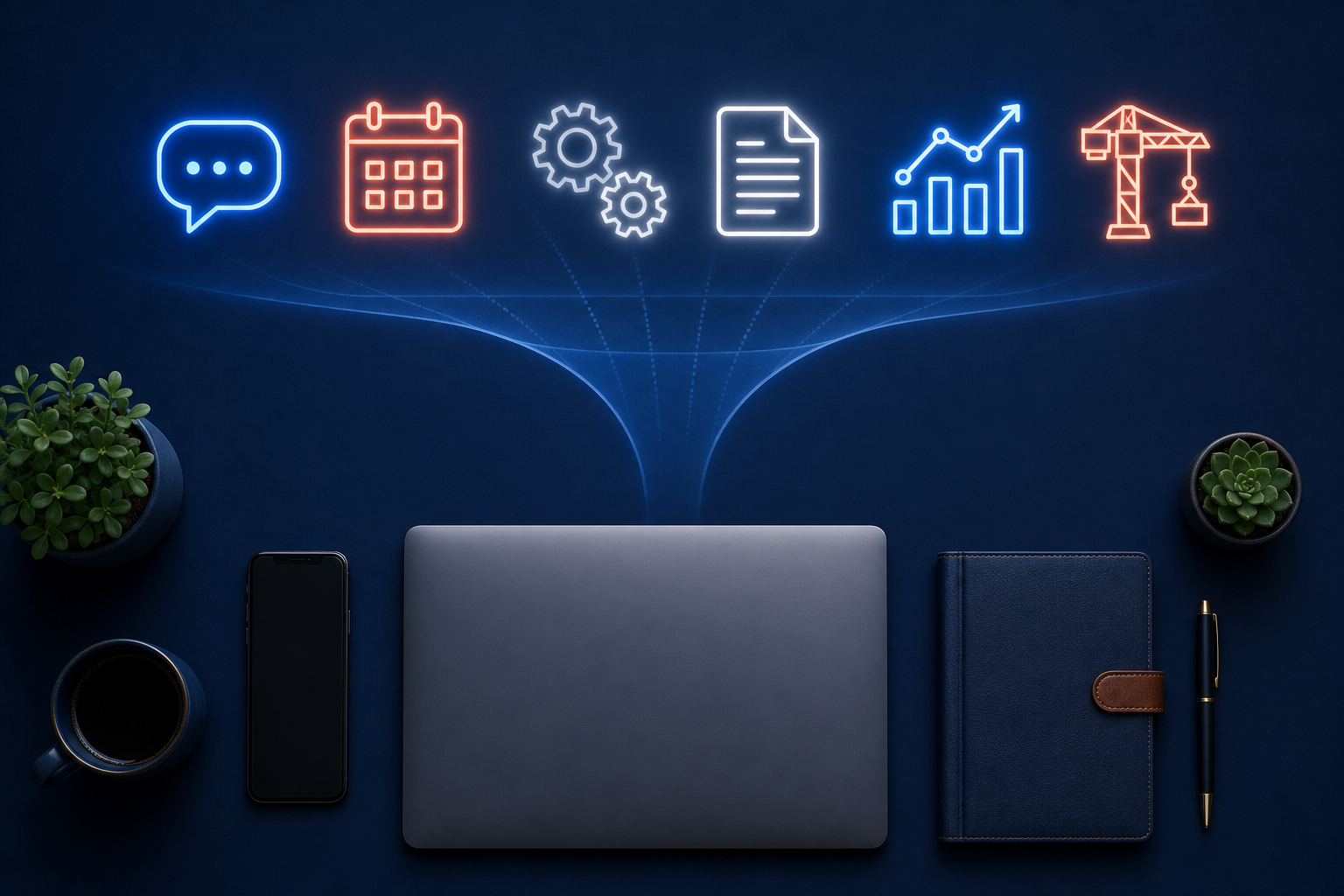 A flat-lay desk workspace with floating neon icons representing AI tool categories and a translucent funnel shape in the background.