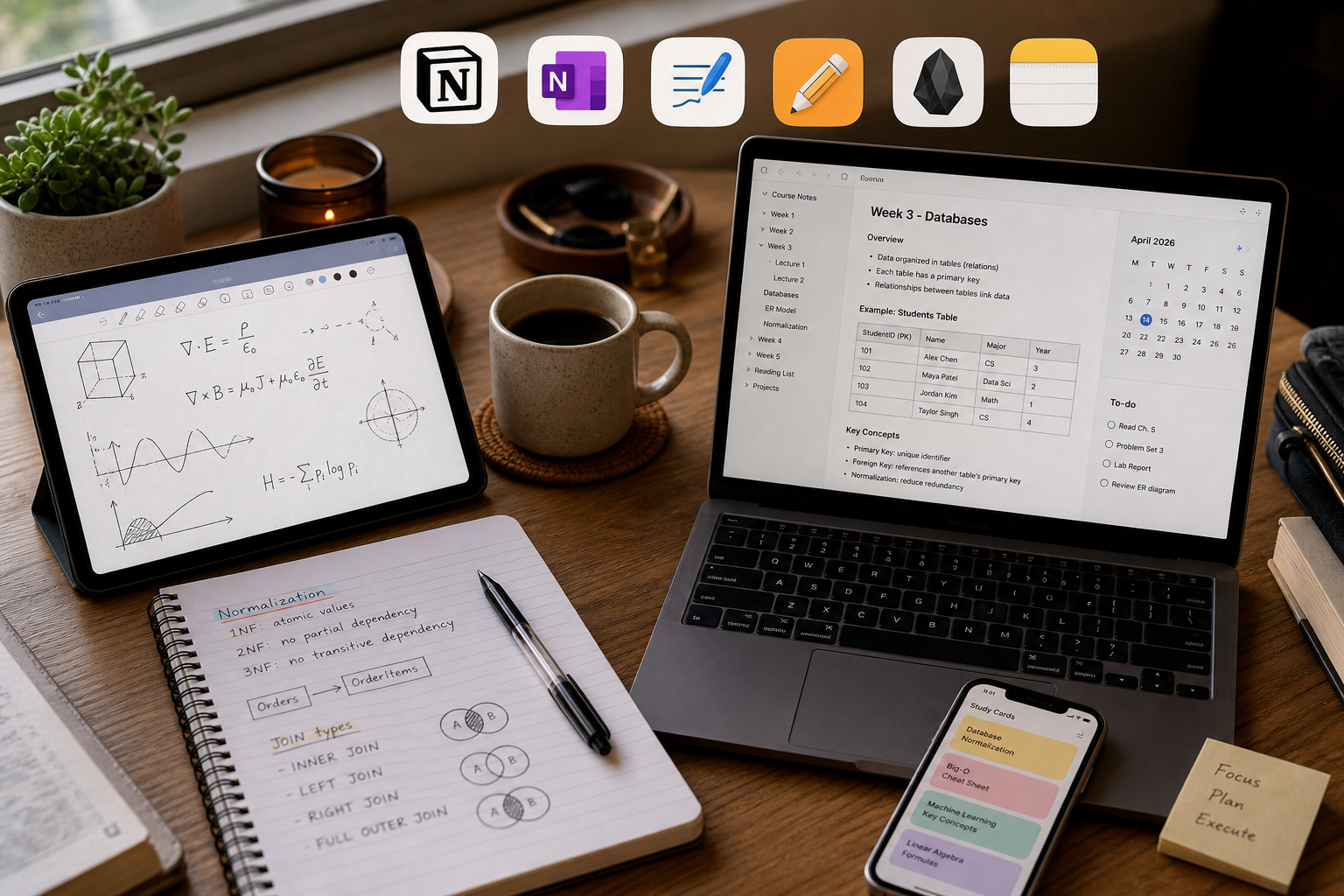 A warm flat-lay of a student desk in 2026 with two distinct zones: left side shows an iPad with Apple Pencil displaying handwritten equations beside a coffee cup and paper notebook; right side shows a laptop with a note-taking interface, database table, and calendar widget beside a smartphone displaying colorful note cards. Six subtle app icons (Notion, OneNote, GoodNotes, Notability, Obsidian, Apple Notes) are arranged in a semicircle overlay at the top, contrasting handwriting capture with typed organization.