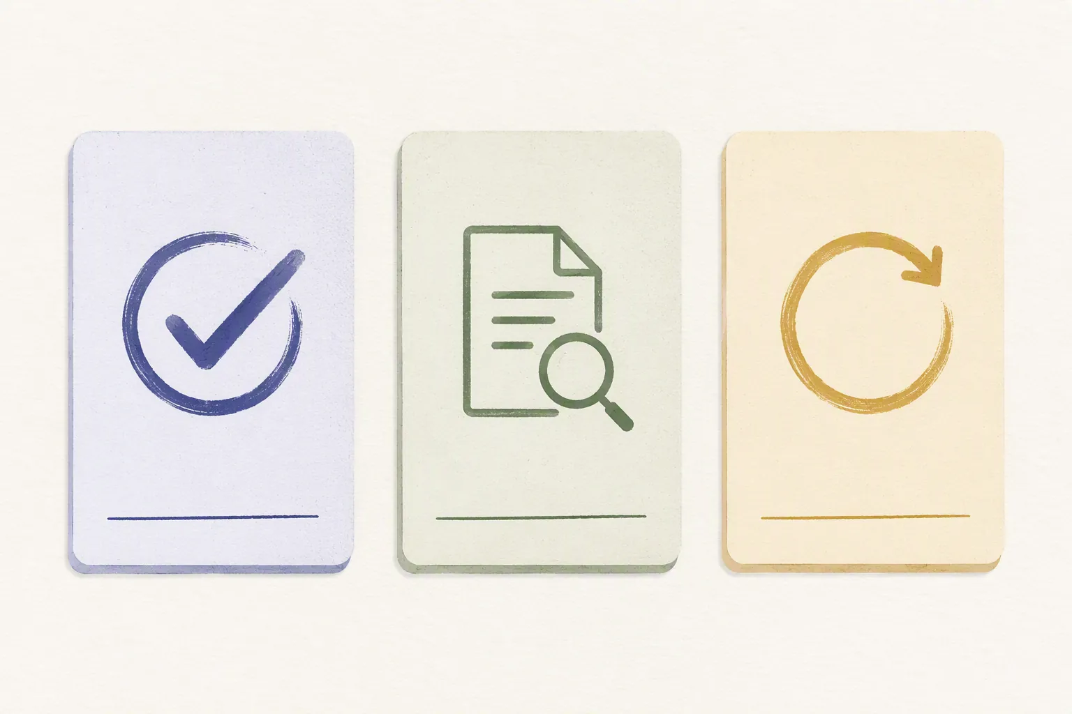 Three note cards representing decisions, verified facts, and open loops