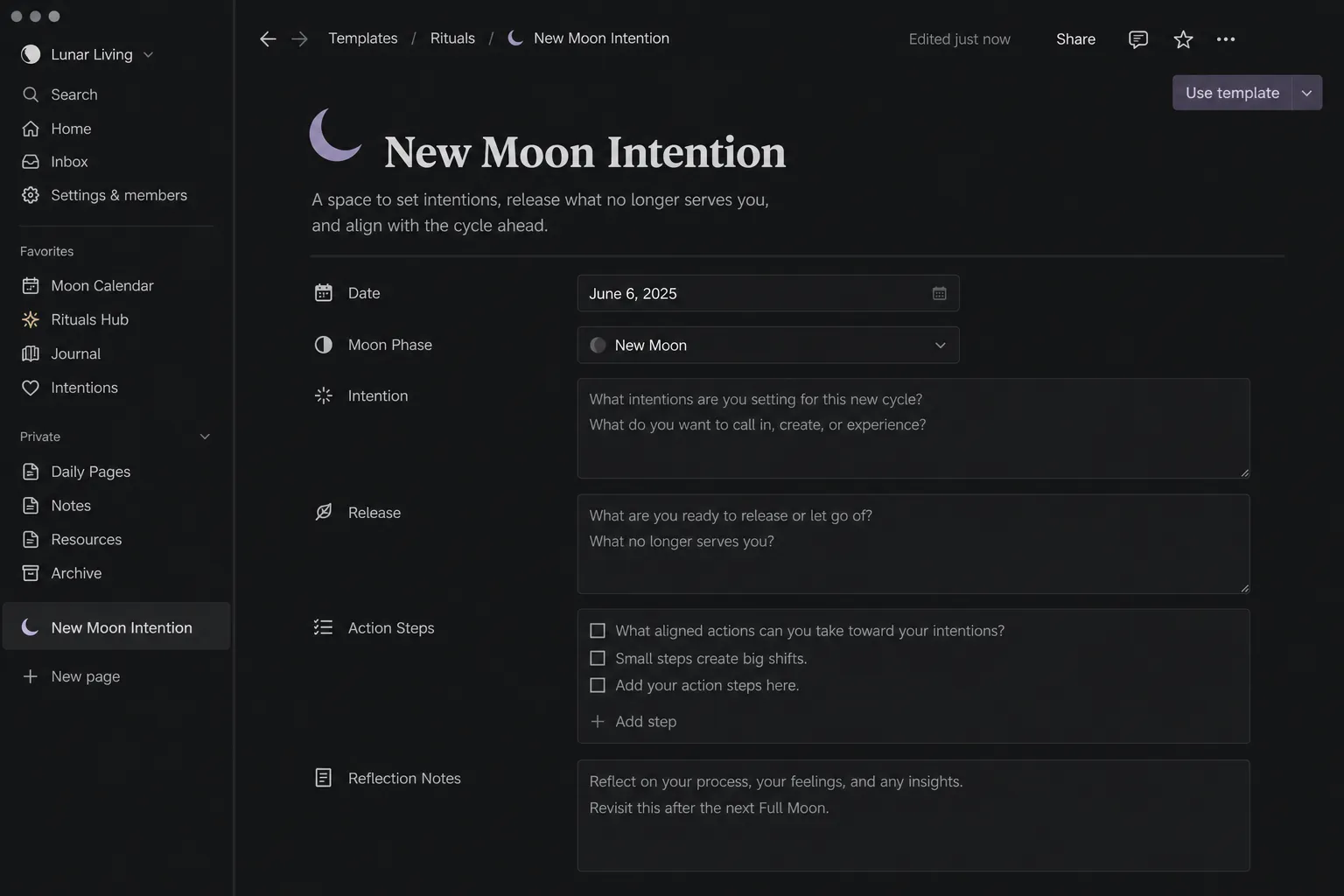 Notion template editor for a New Moon Intention ritual entry