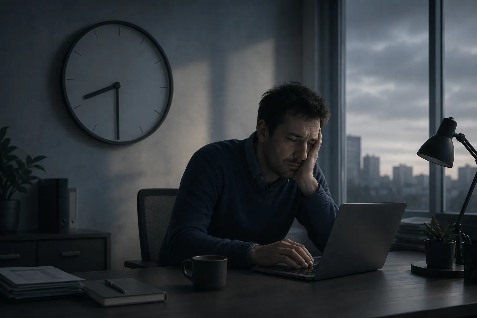 Early-morning office with an analog clock, laptop, cold coffee, and a weary worker at the keyboard