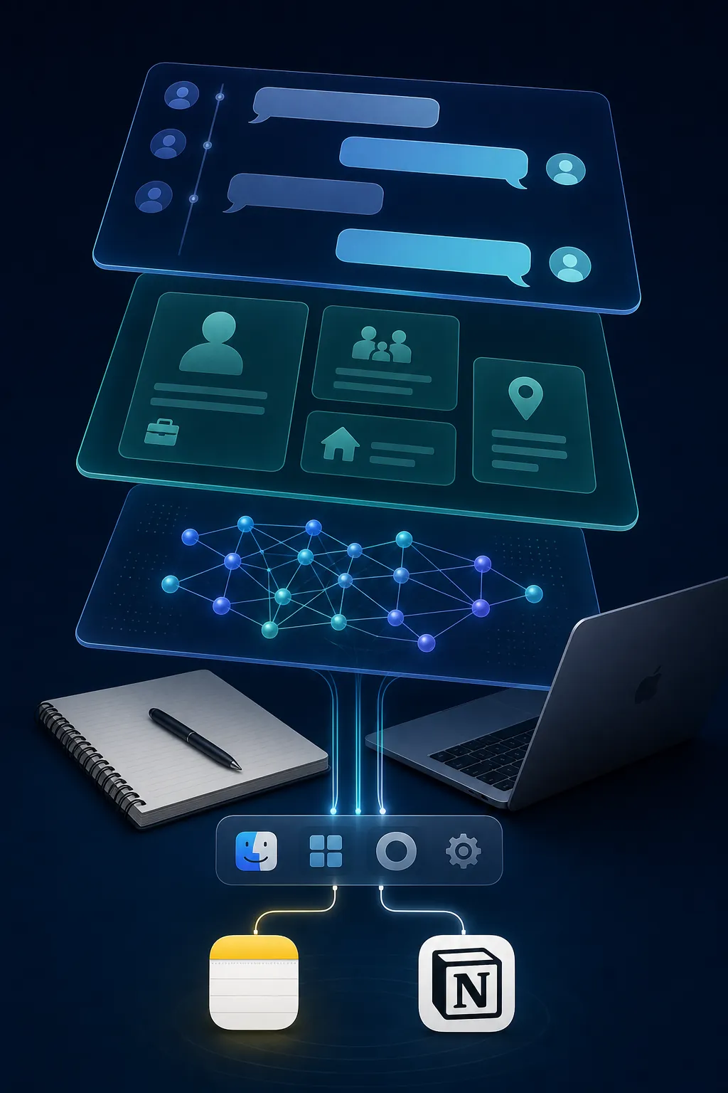 Illustration of conversation history, persistent memory, training data, and note app access as separate layers above a laptop