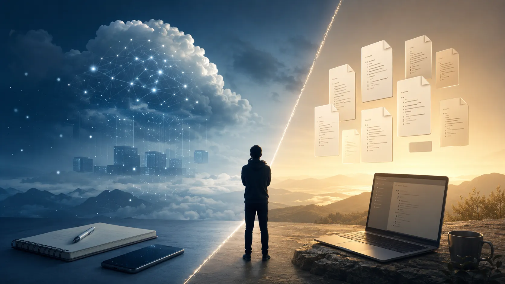 Human silhouette between opaque cloud AI infrastructure and clear local device files