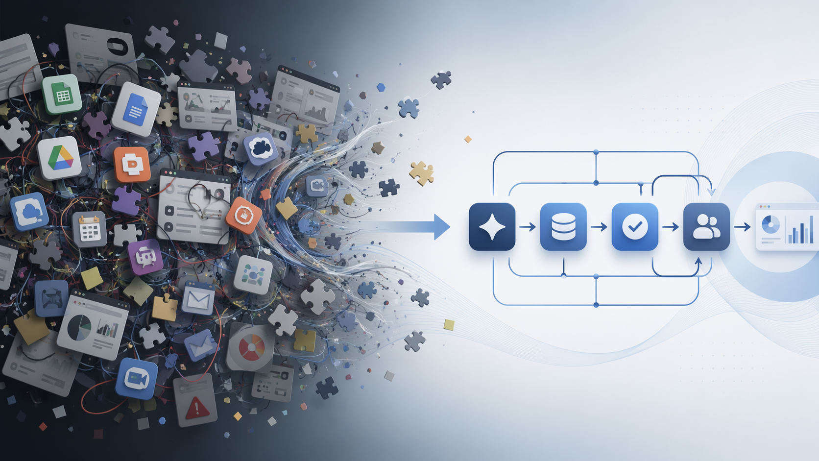 Chaotic disconnected app icons shifting into a clean connected AI productivity stack
