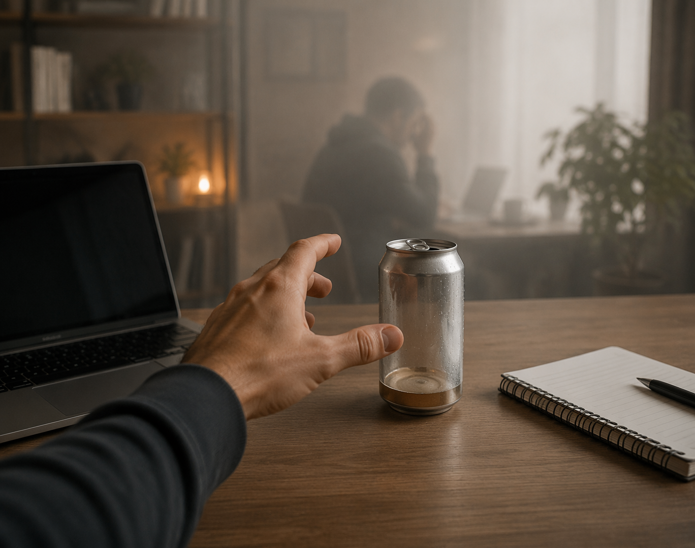 A clean desk with a laptop and a half-empty diet soda can, with a hand reaching toward it.