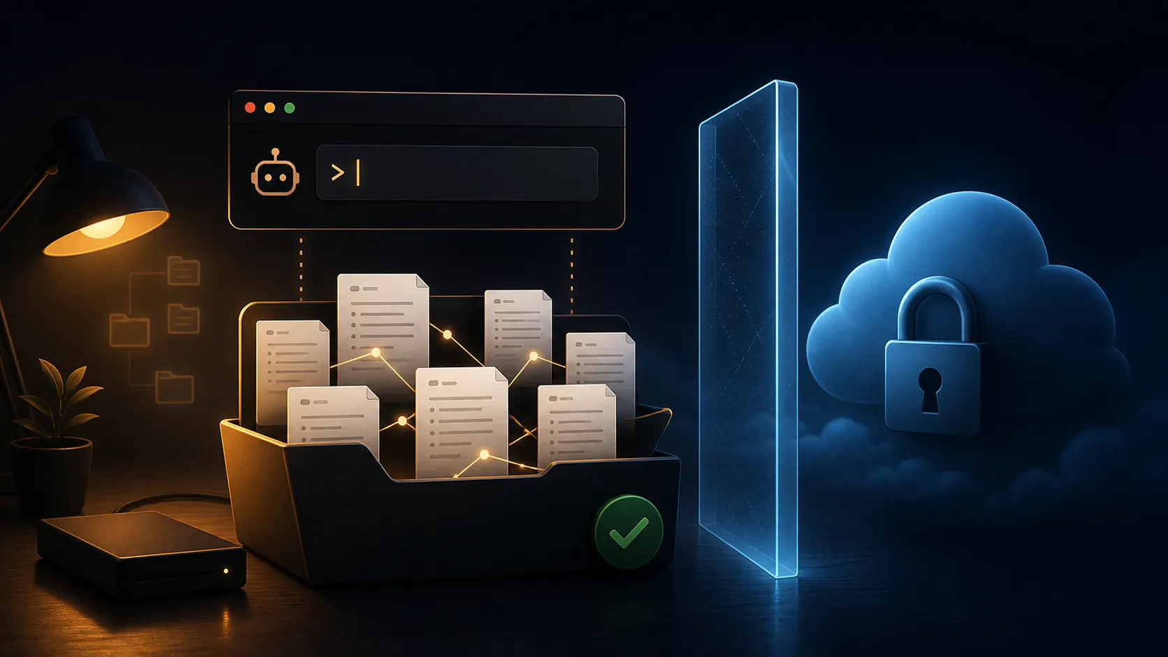 Terminal AI agent beside linked Markdown note files, a checkpoint badge, and a blocked cloud app silhouette
