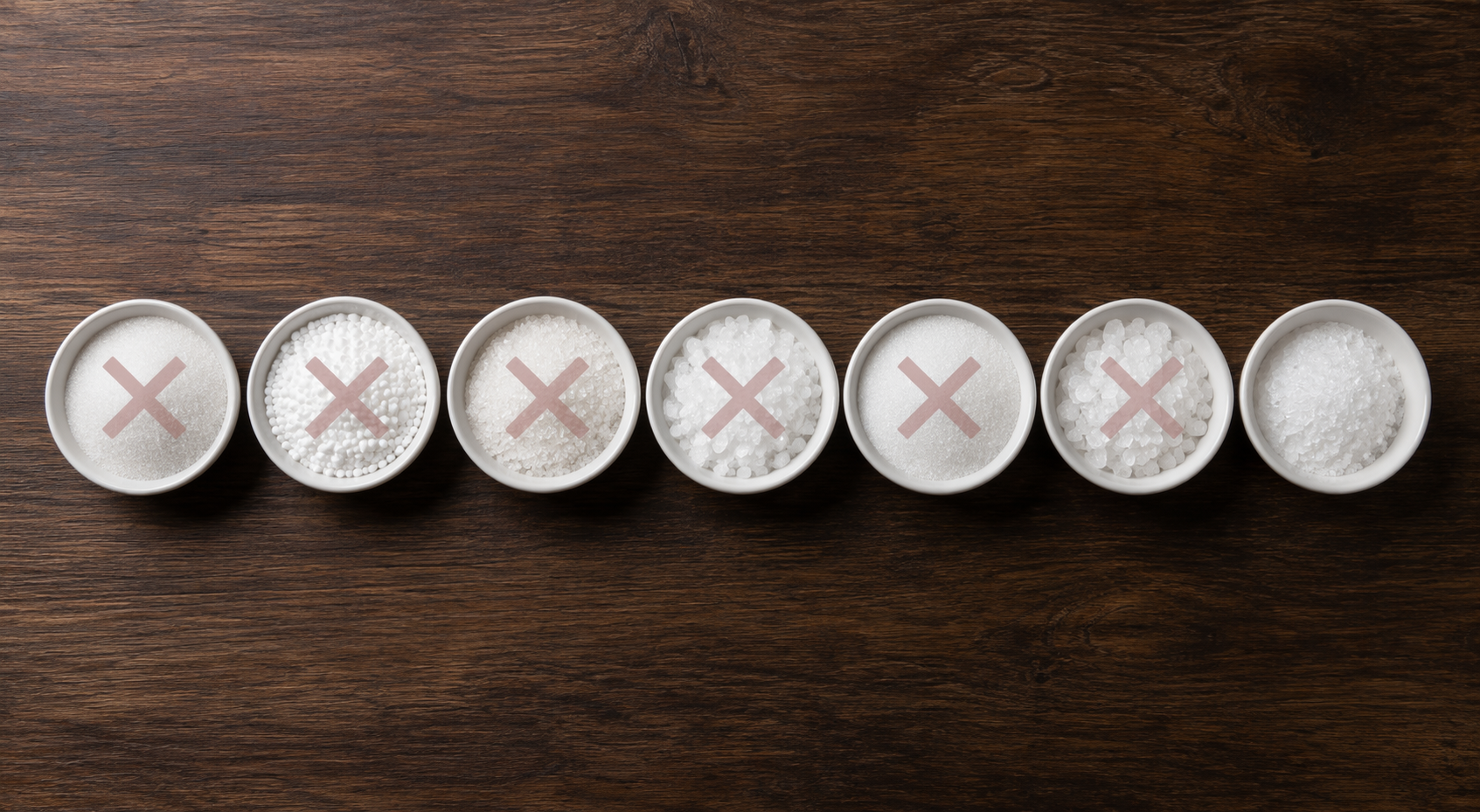 Seven small bowls of sweeteners in a row, with six marked by red Xs and one left unmarked.