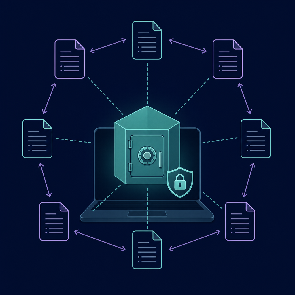A minimalist illustration showing a central hexagonal vault icon on a personal device, surrounded by plain document icons connected by bidirectional link arrows, with a faint shield symbol suggesting data ownership.