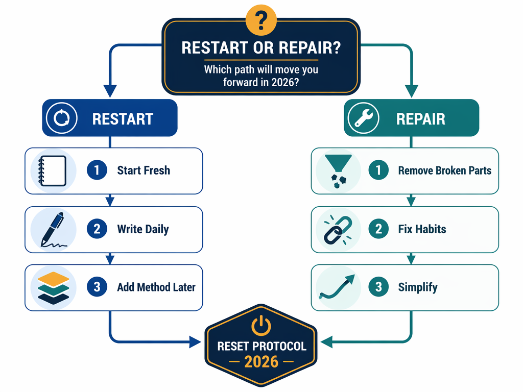 Decision flow diagram showing two branches: restart path with icons for starting fresh, writing daily, and adding method later; repair path with icons for removing broken parts, fixing habits, and simplifying.