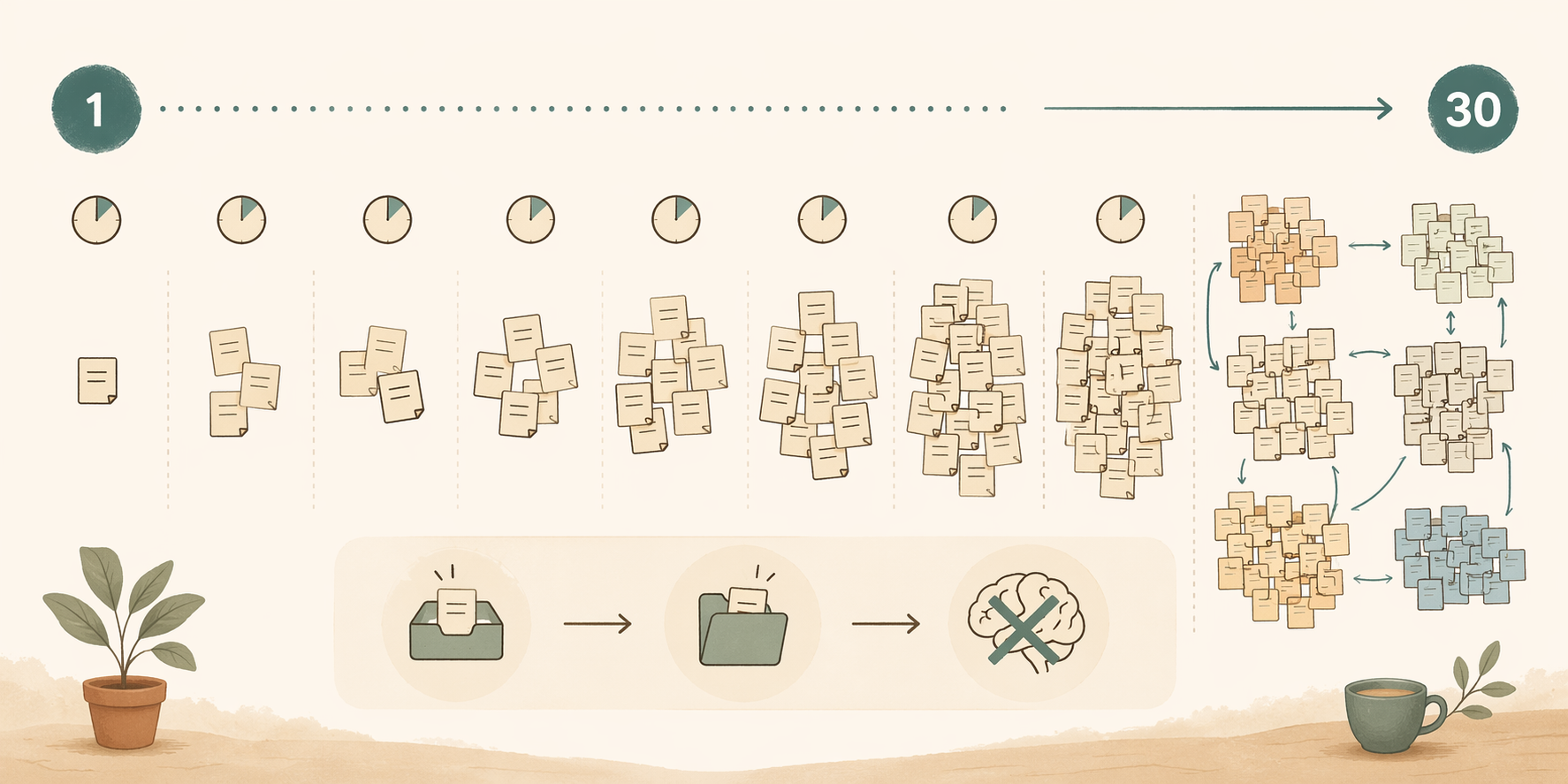 A 30-day calendar showing 10 minutes of daily note capture growing into about 100 organized notes