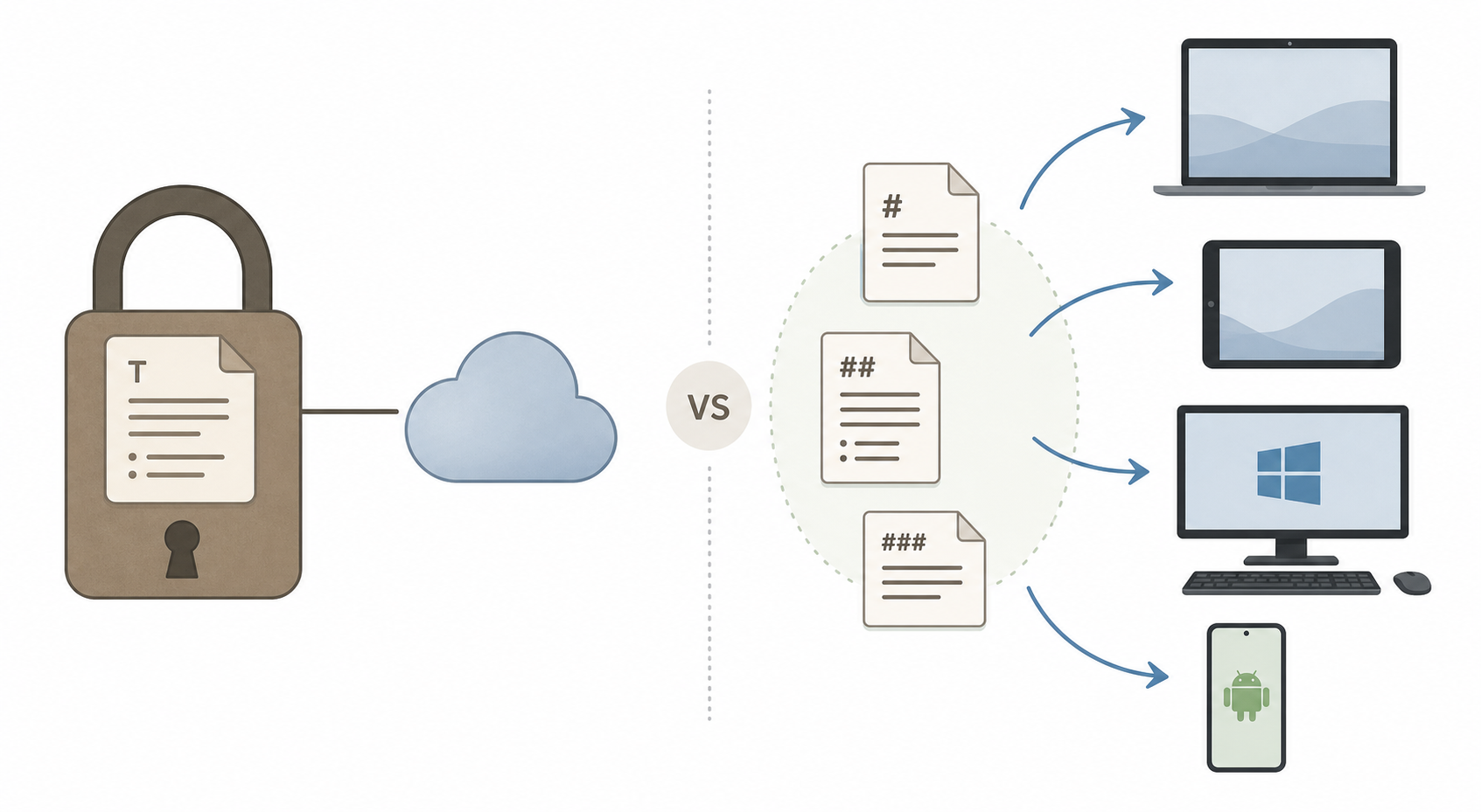 An editorial illustration comparing a closed proprietary format (padlock and iCloud icon) on the left with open Markdown files and multiple device icons on the right.