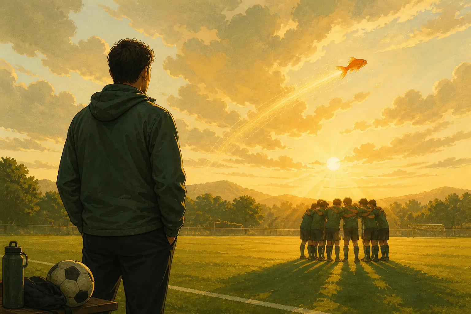 Soccer coach watching a team huddle at golden hour with a small goldfish arcing through the light