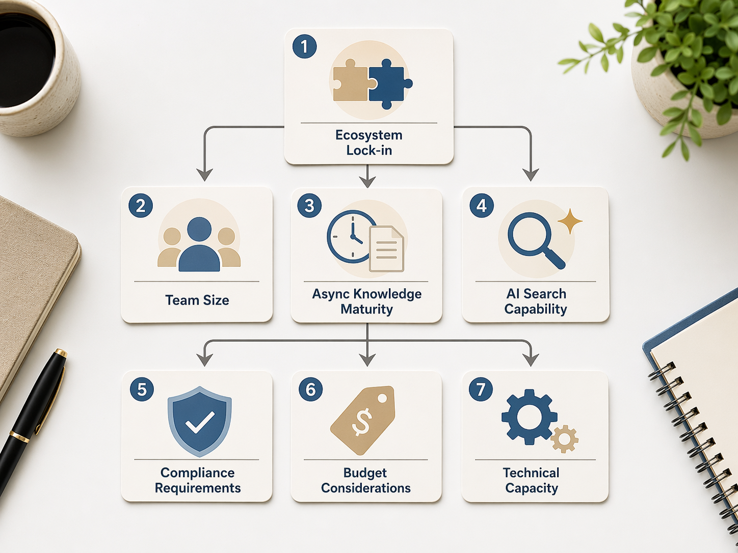 Decision-flow cards showing ecosystem, team size, async knowledge maturity, AI search, compliance, budget, and technical capacity