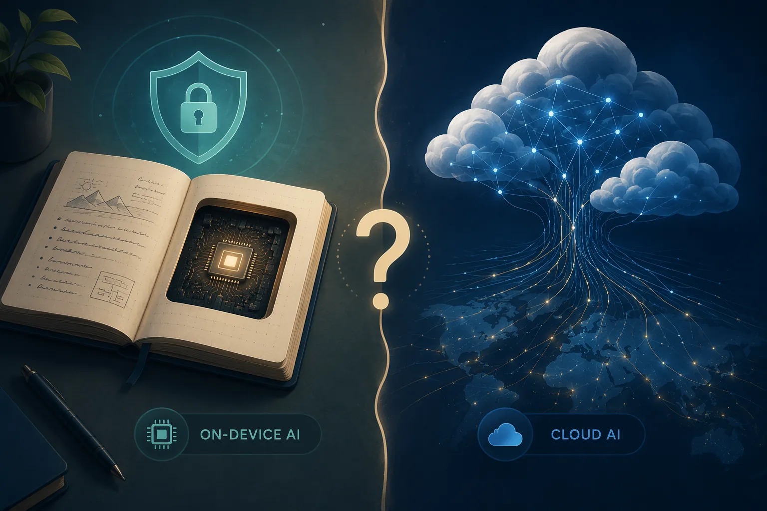 Notebook with a glowing chip and shield icon contrasted with cloud processing icons