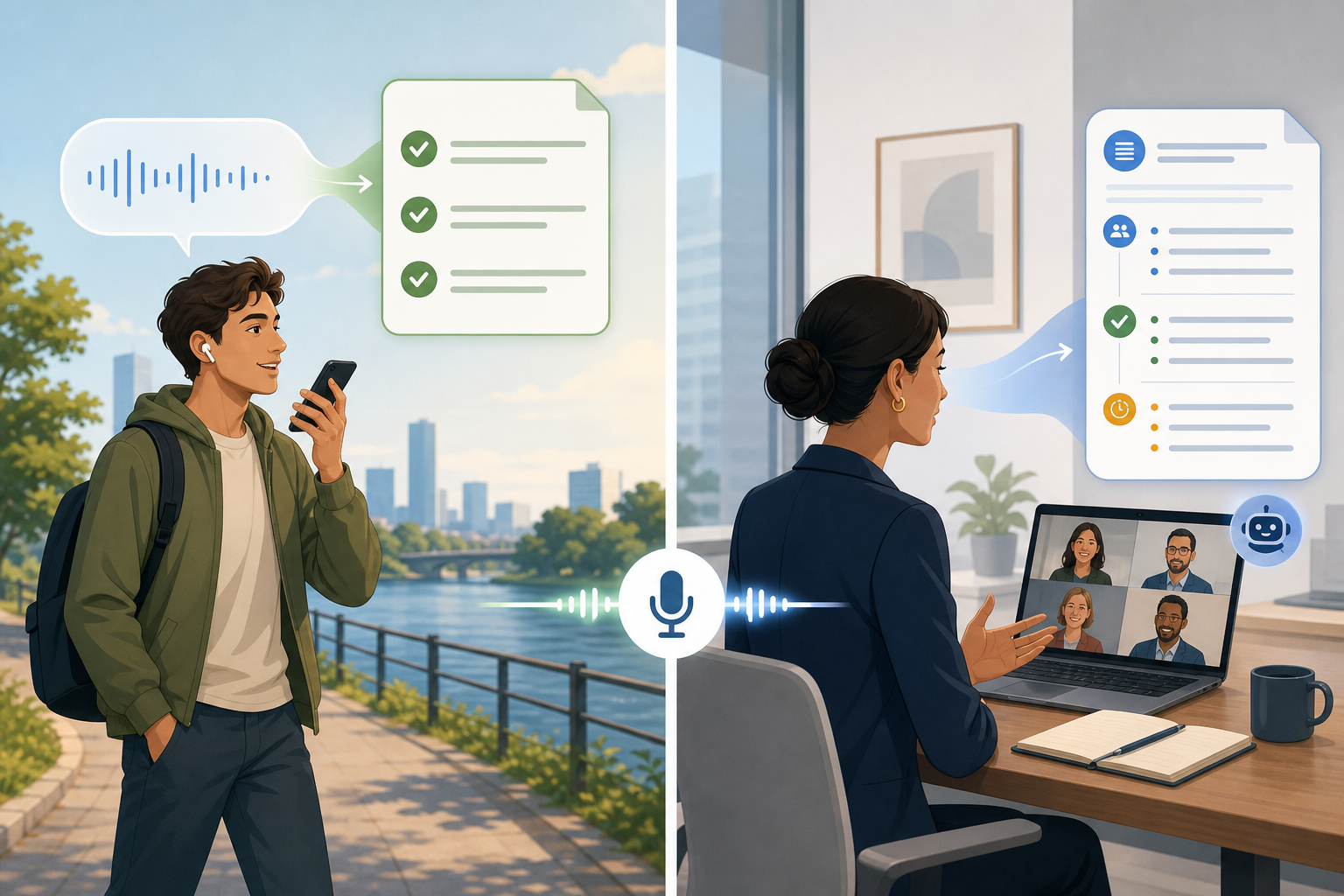 Split-screen illustration showing a person speaking into a phone outdoors on the left and a professional on a video call with a bot icon on the right.