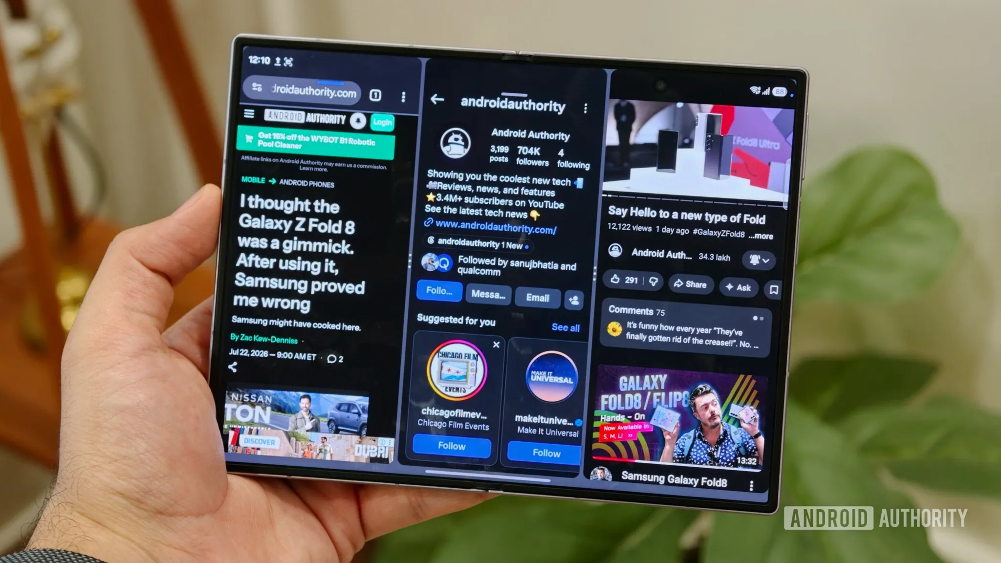 Galaxy Z Fold 8 inner display running three apps in 90:10 split-screen multitasking mode