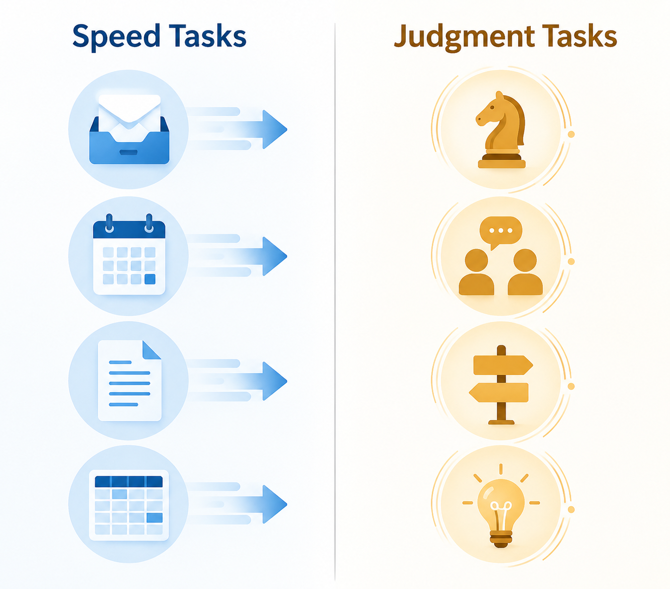 Two-column framework graphic separating speed tasks from judgment tasks