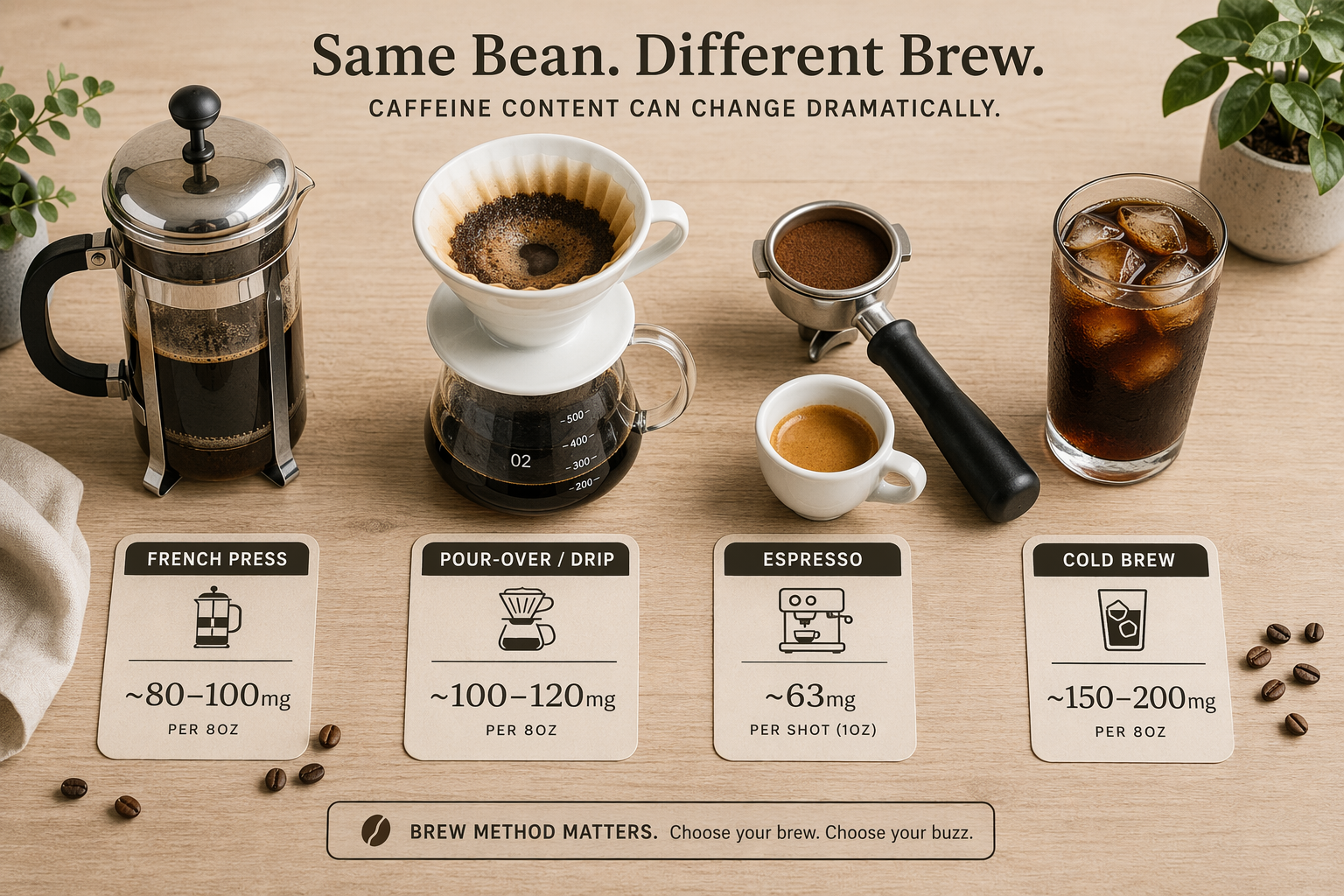 Coffee brewing methods labeled with approximate caffeine ranges per 8 oz serving