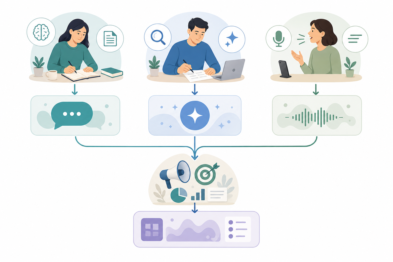 A warm minimalist decision framework illustration with three pathways: a brain and document icon path leading to a general chatbots zone for research and long-form writing, a magnifying glass and sparkle path leading to a grammar and polish tools zone for editing, and a microphone and speed lines path leading to a voice-to-text zone for fast dictation, with a fourth arrow below pointing to a marketing campaign icon for branded content platforms, all connected by curved arrows on a muted teal and sage green background