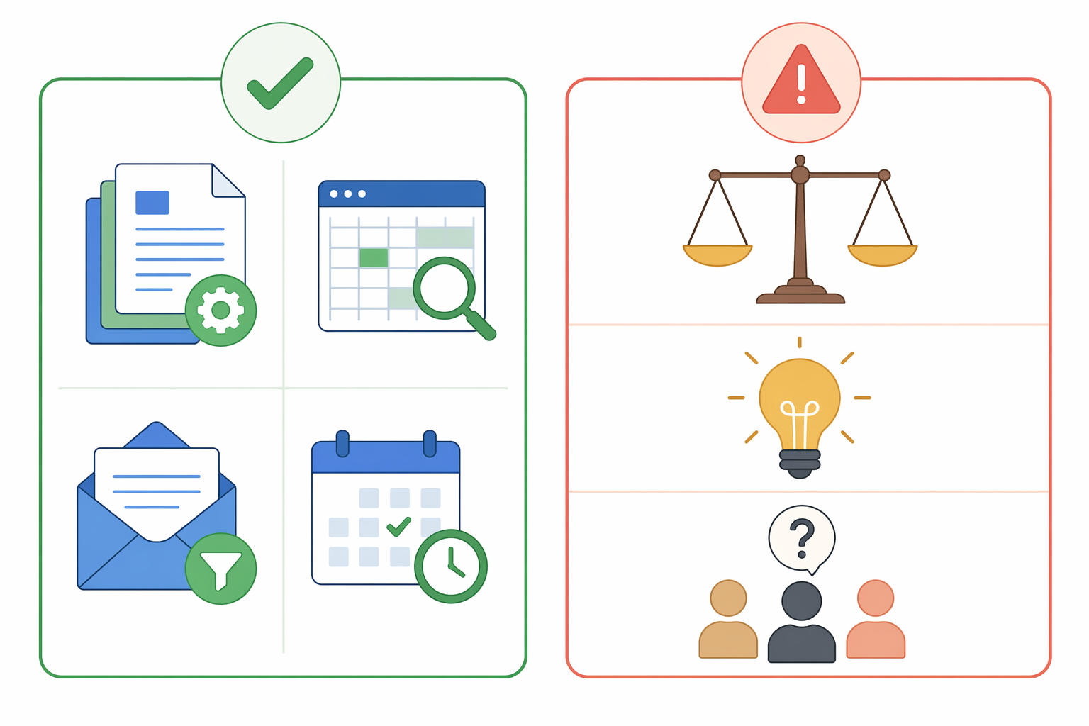 A flat vector two-column comparison diagram. Left column with a green checkmark shows icons for document processing, data extraction, email triage, and scheduling representing what to automate. Right column with a red warning icon shows a scale, lightbulb, and people icon representing high-judgment decisions, creative strategy, and edge cases not to automate.