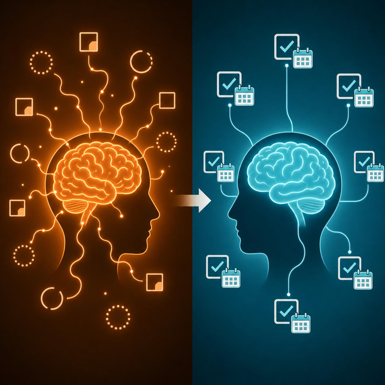 A two-part comparison illustration showing a brain with floating unfinished tasks in warm tones on the left, and a calm brain with organized plan icons in cool tones on the right.