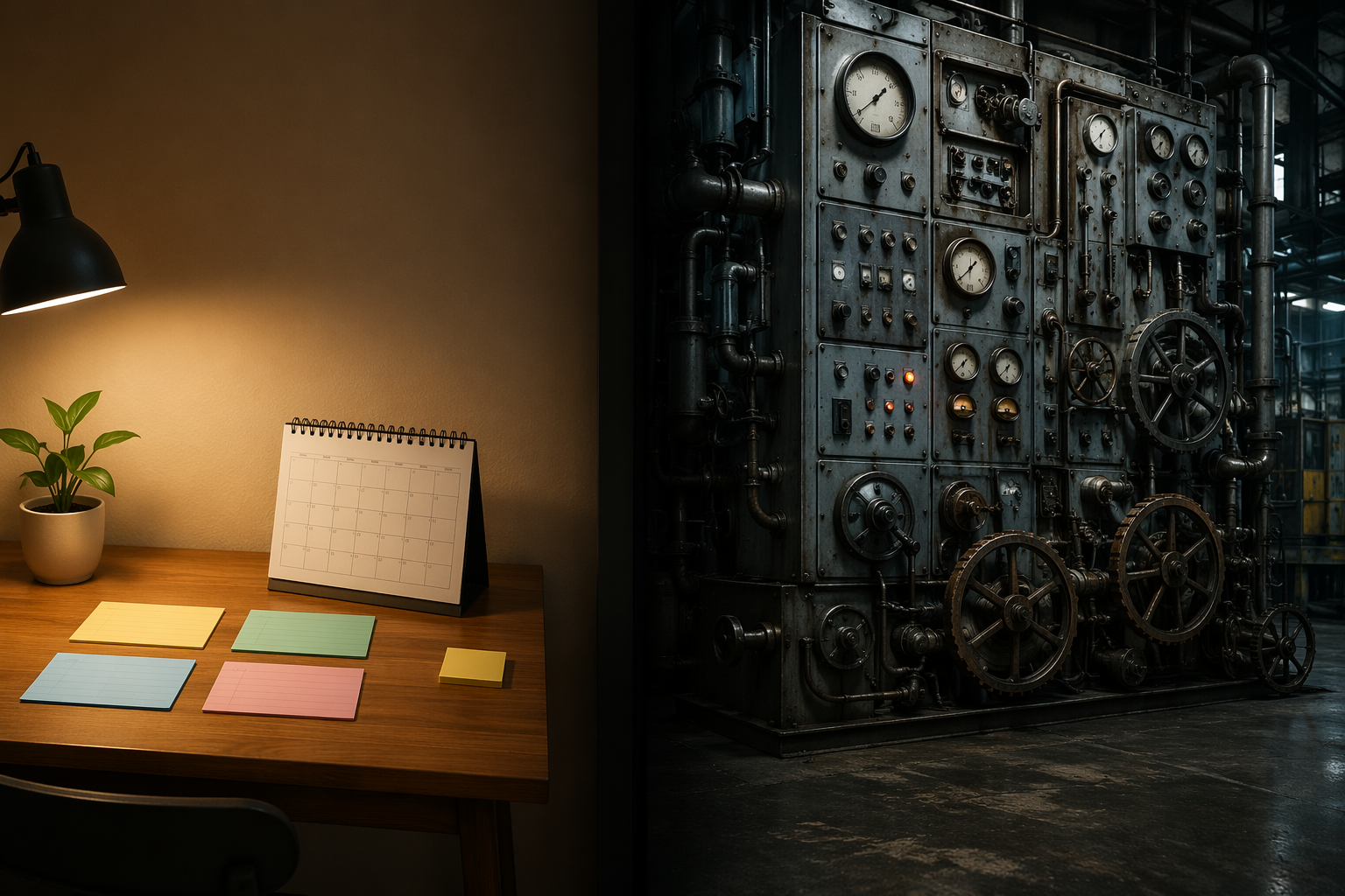 A split scene contrasting a human-scale desk workflow with a complex industrial control panel