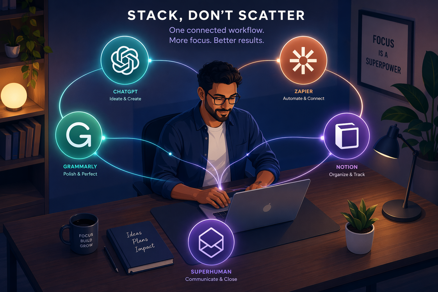A professional sits at a modern desk surrounded by glowing app icons representing ChatGPT, Grammarly, Zapier, Notion, and Superhuman, connected by luminous lines.