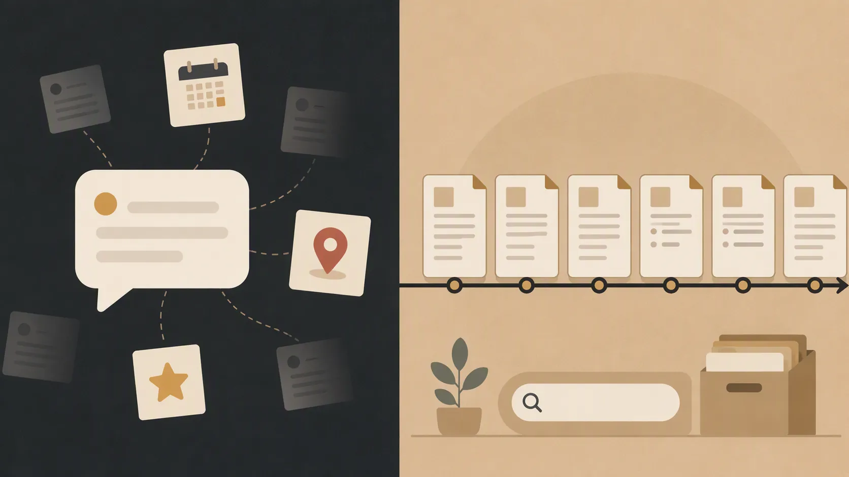 Scattered memory fragments contrasted with a continuous document archive
