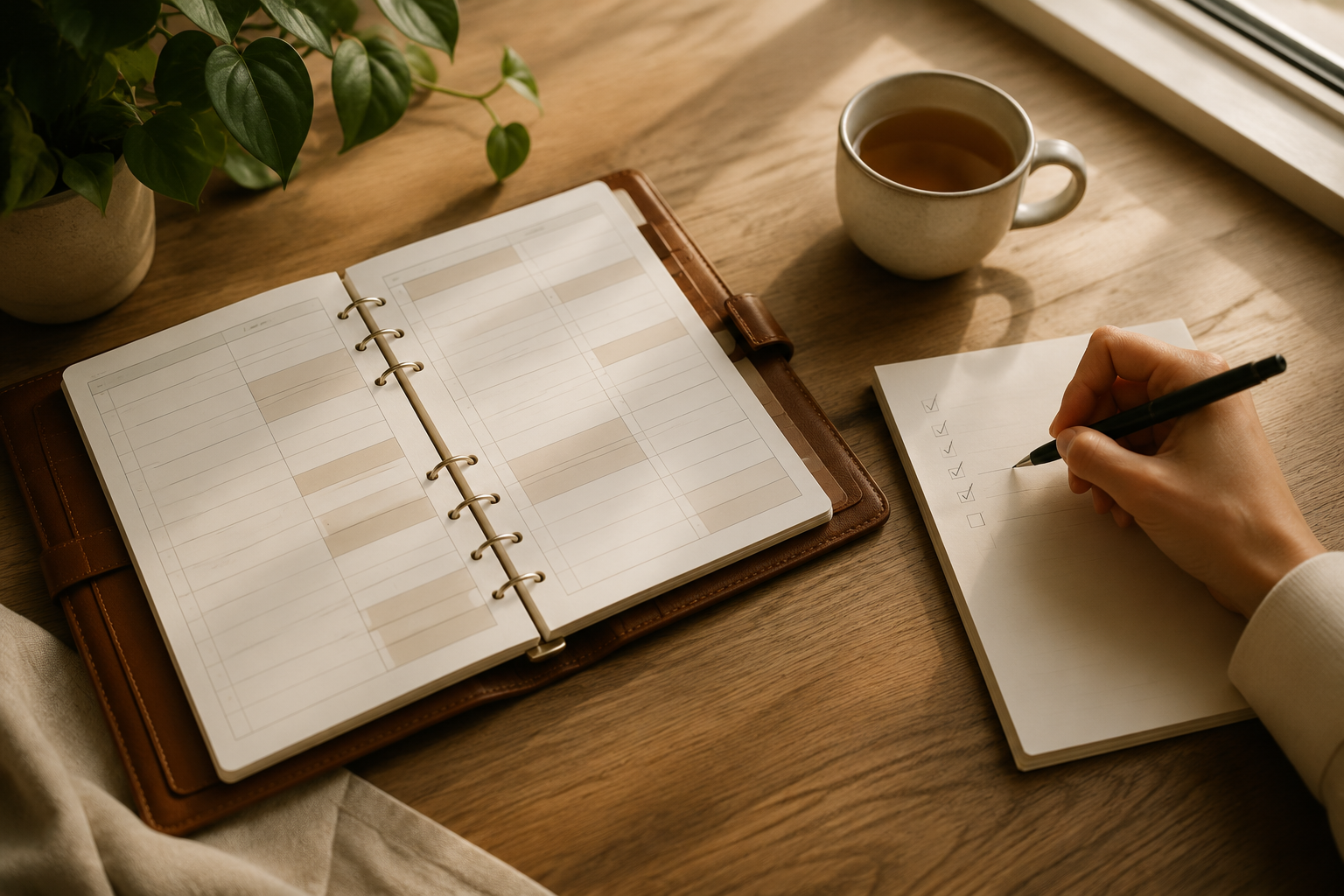 Planner with calm task list and recovery blocks on a wooden desk