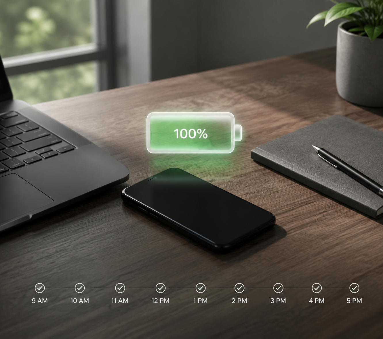 A smartphone on a wooden desk beside a laptop and notebook with a glowing battery icon and a full workday timeline.