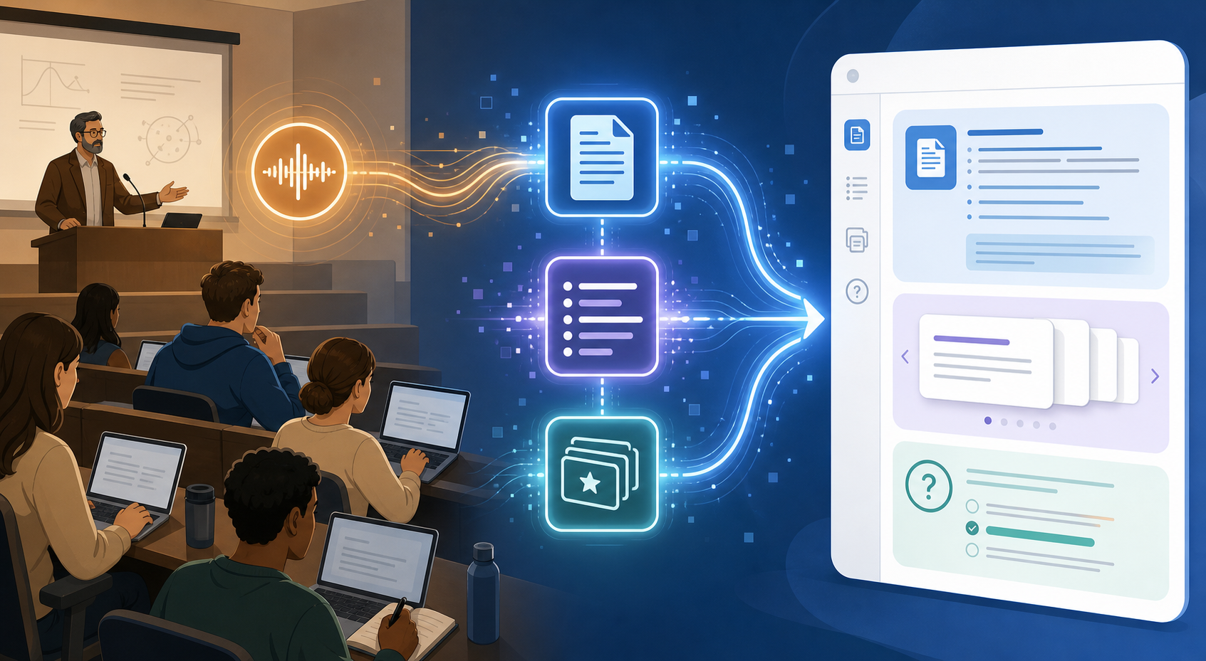 An editorial illustration showing a lecture scene on the left, an AI processing pipeline in the center, and a digital study interface on the right.