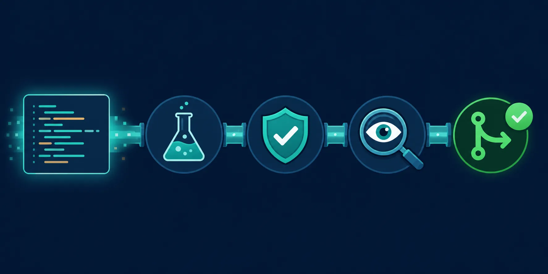 Engineering trust pipeline where AI-generated code passes through tests security checks and human review before merge