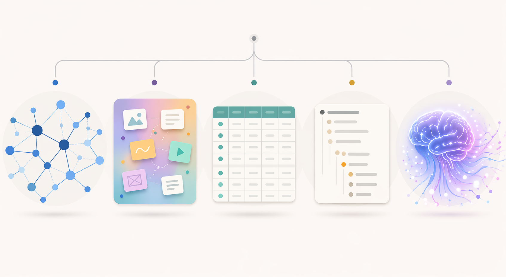 Five personal knowledge management paradigms shown as networked notes, visual canvas, database grid, nested outline, and AI-native brain