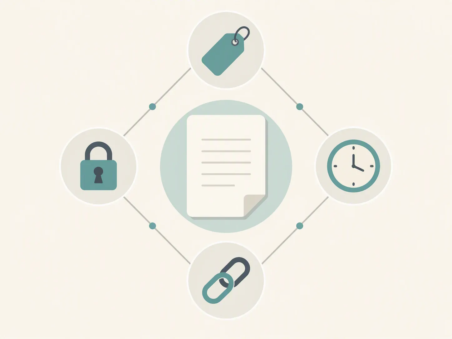 A note document connected to four verification factors: price tag, padlock, clock, and chain link