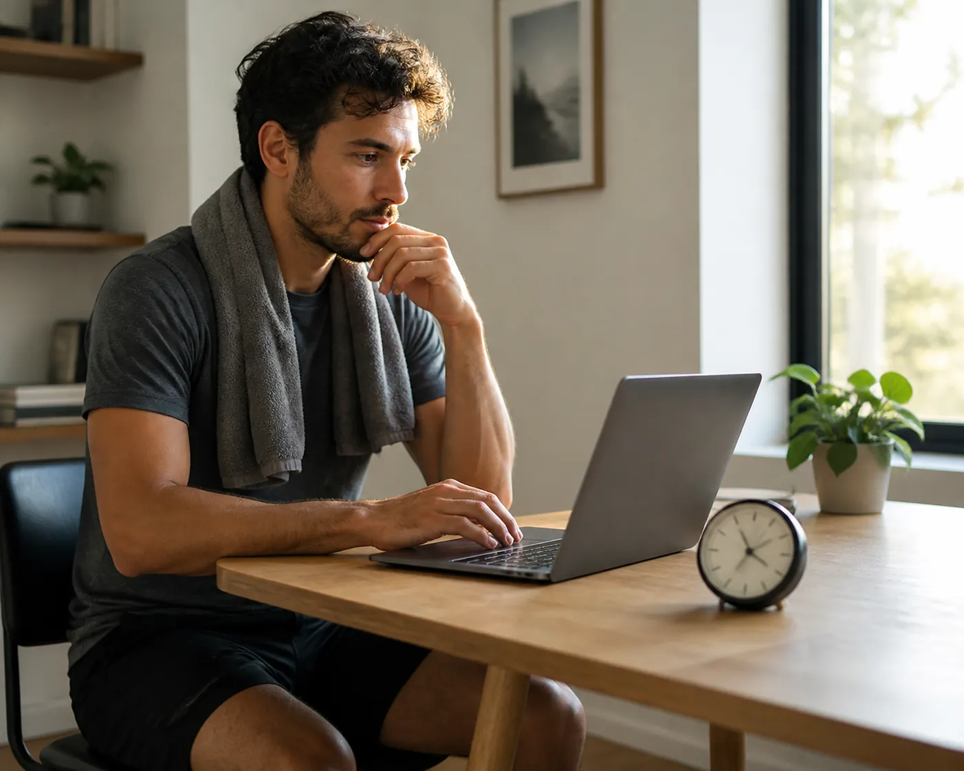 A knowledge worker in athletic wear sitting at a laptop shortly after a workout