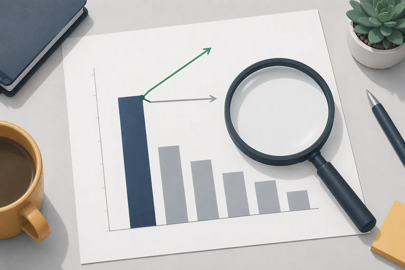 Benchmark scorecard with one tall bar, shorter comparison bars, a magnifying glass, and diverging arrows
