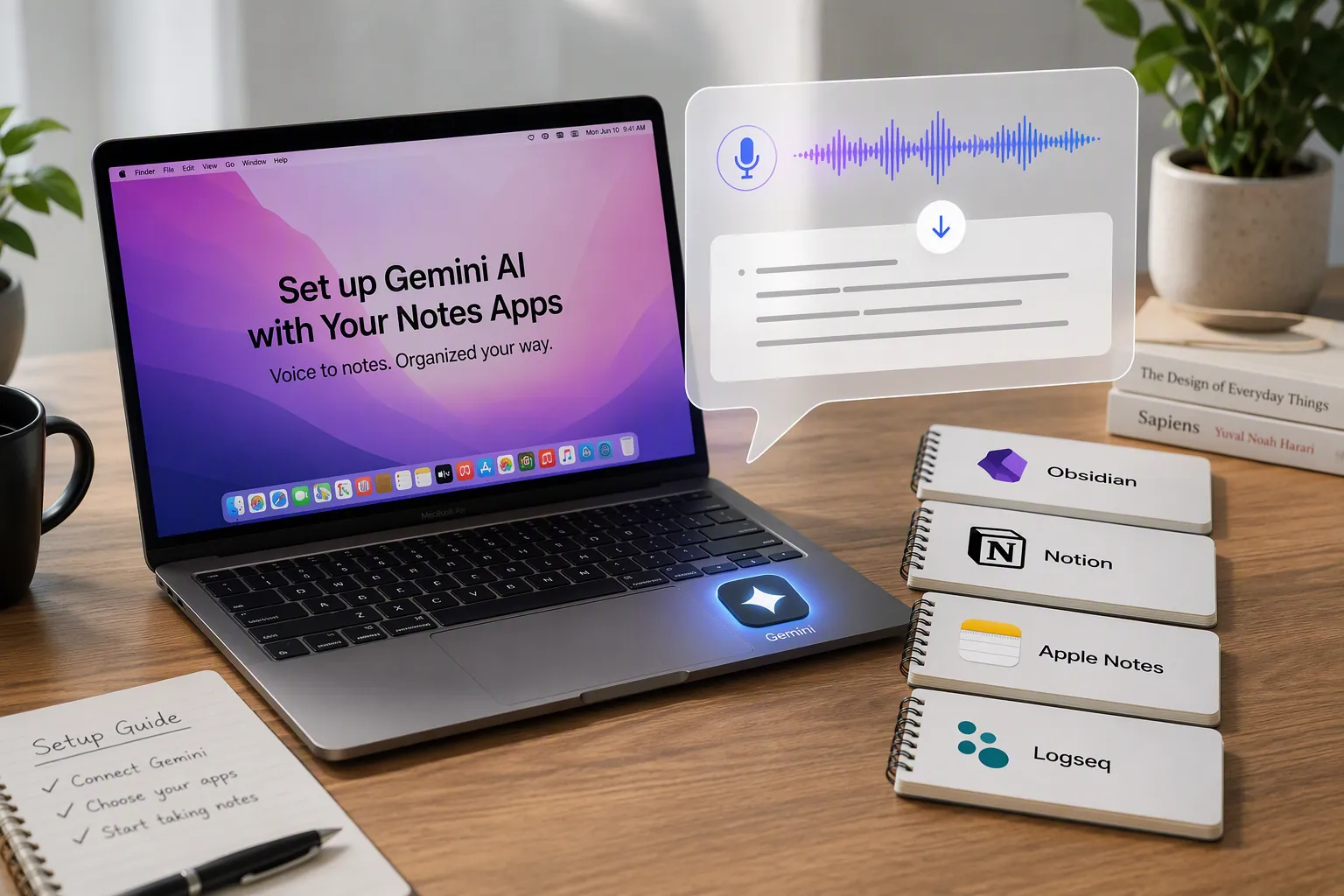Apple Silicon MacBook workspace with Gemini voice dictation flowing into note-taking apps