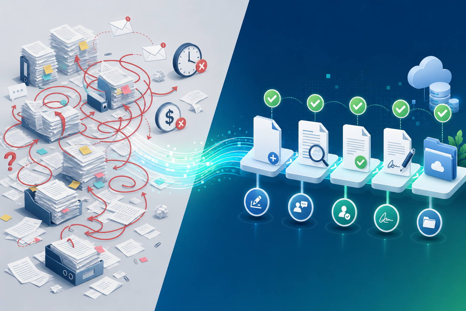Isometric illustration comparing chaotic manual document workflow on the left with a streamlined automated pipeline on the right.
